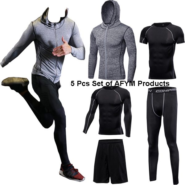Men Running Fitness Sportswear of 5 Pcs Set in Grey and Black AFYM:30002